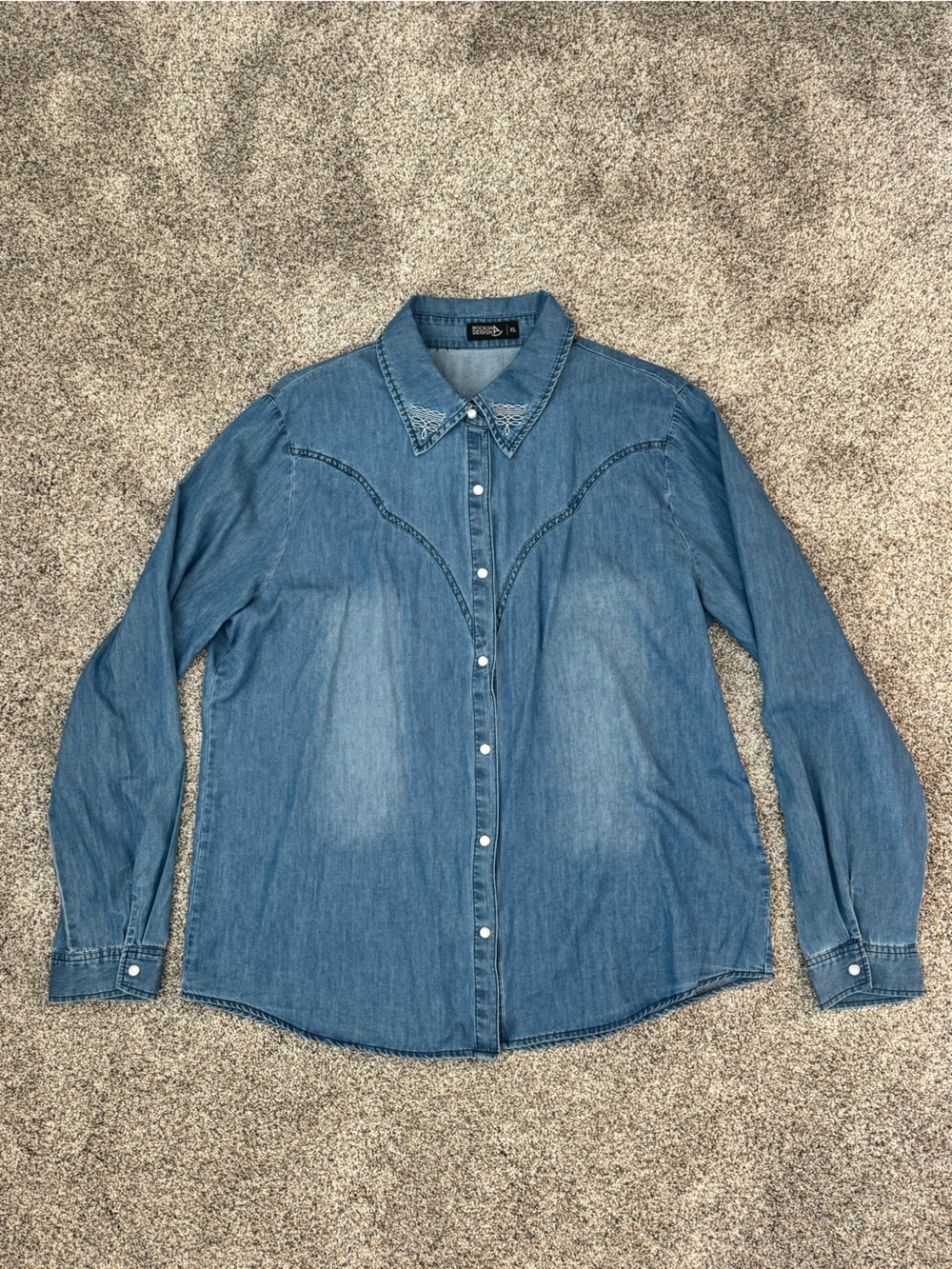 Denim Button-Down Western Shirt with boot stitch detailing